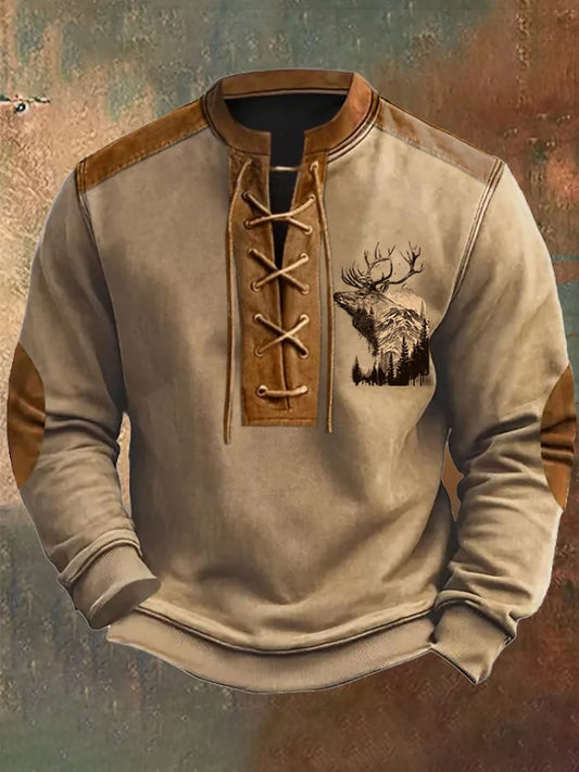 Men's Retro Western Colorblock Drawstring Elk Stand Collar Sweatshirt