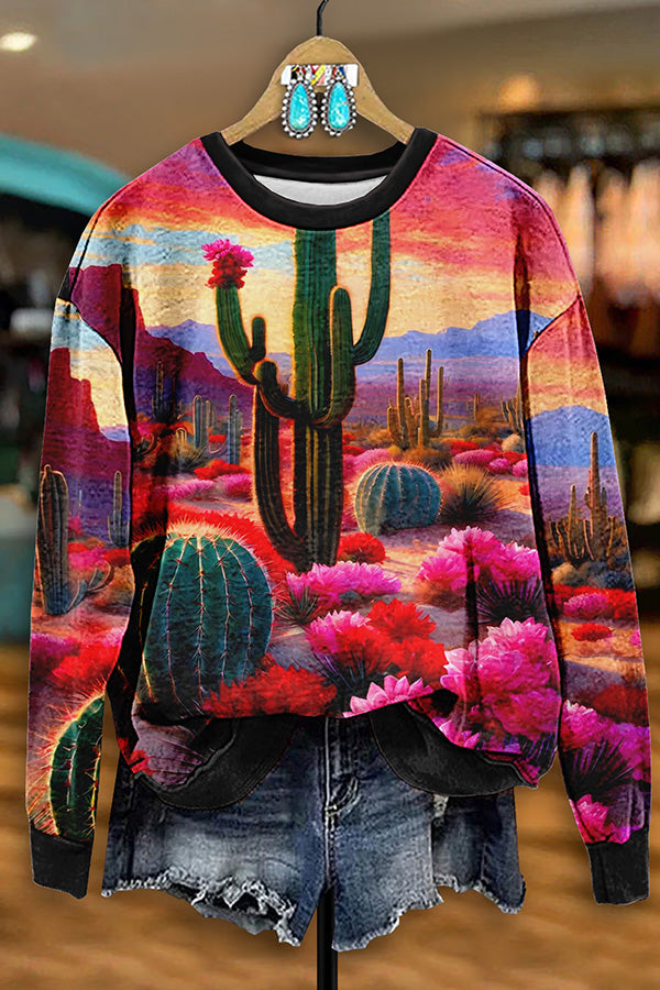 Vintage Cactus Flower Print Sweatshirt