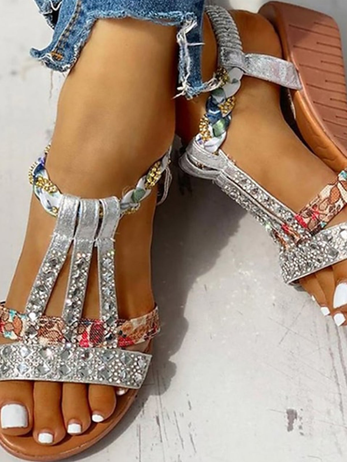 Casual Boho Rhinestone Crochet Strappy Round Toe Wedge Sandals