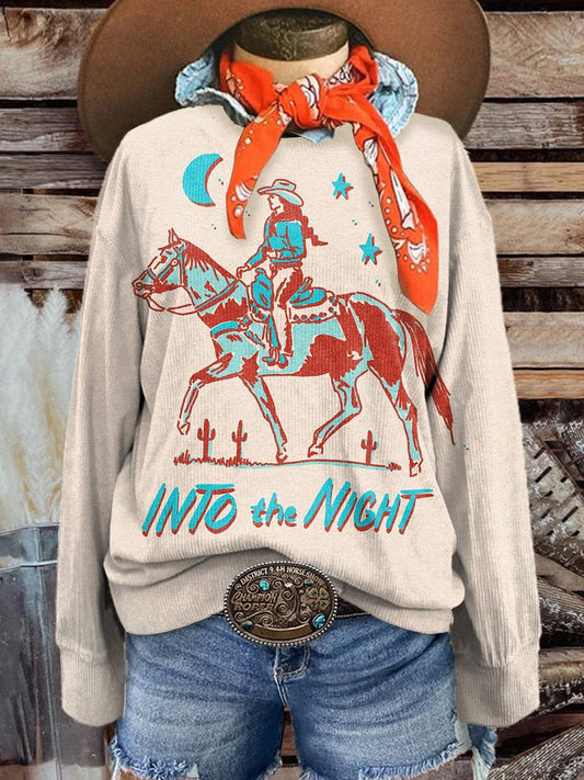 Women's Cowgirls Into The Night Casual Print Corduroy Sweatshirt