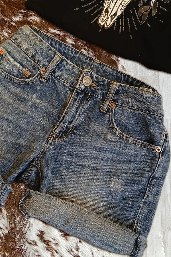 Vintage Washed Rolled Hem High Waist Denim Shorts