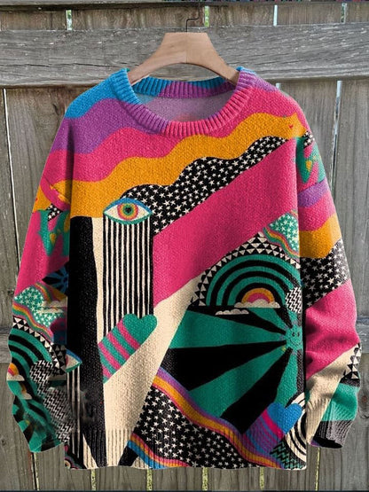 Vintage Print Knit Pullover Sweater