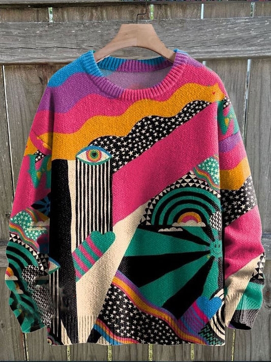 Vintage Print Knit Pullover Sweater