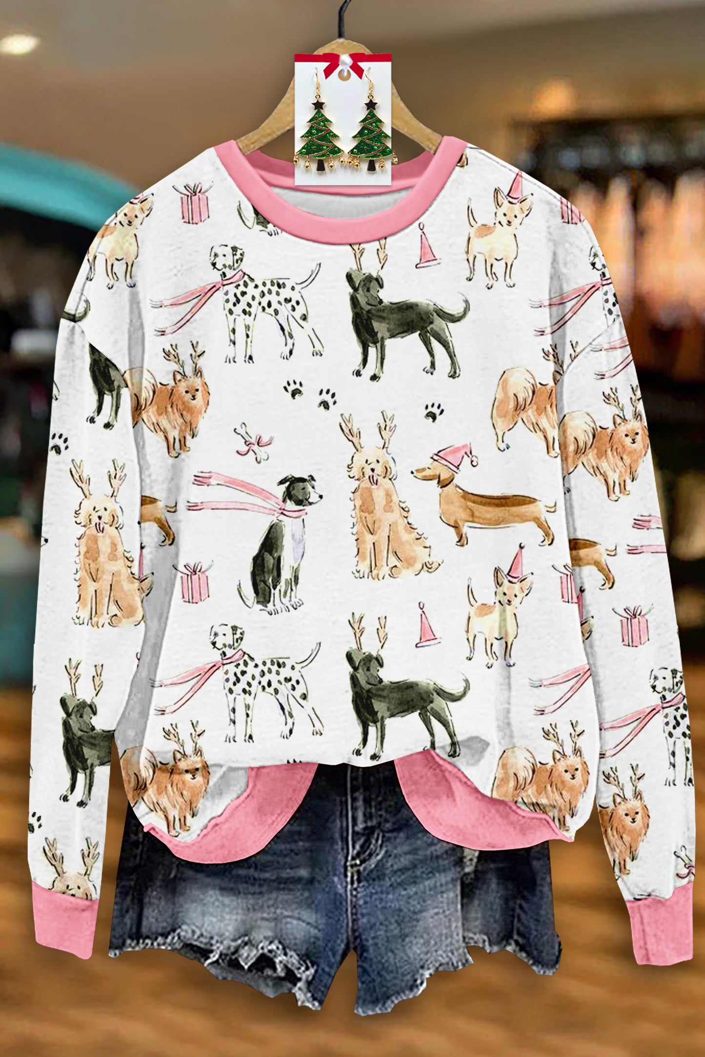 Cute Christmas Dog Print Long Sleeve Sweatshirt