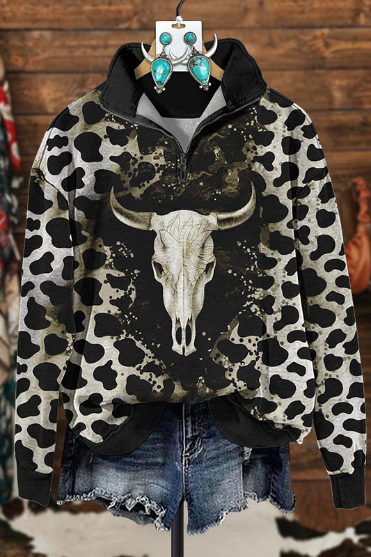 Western Cow Head Zipper Sweatshirt