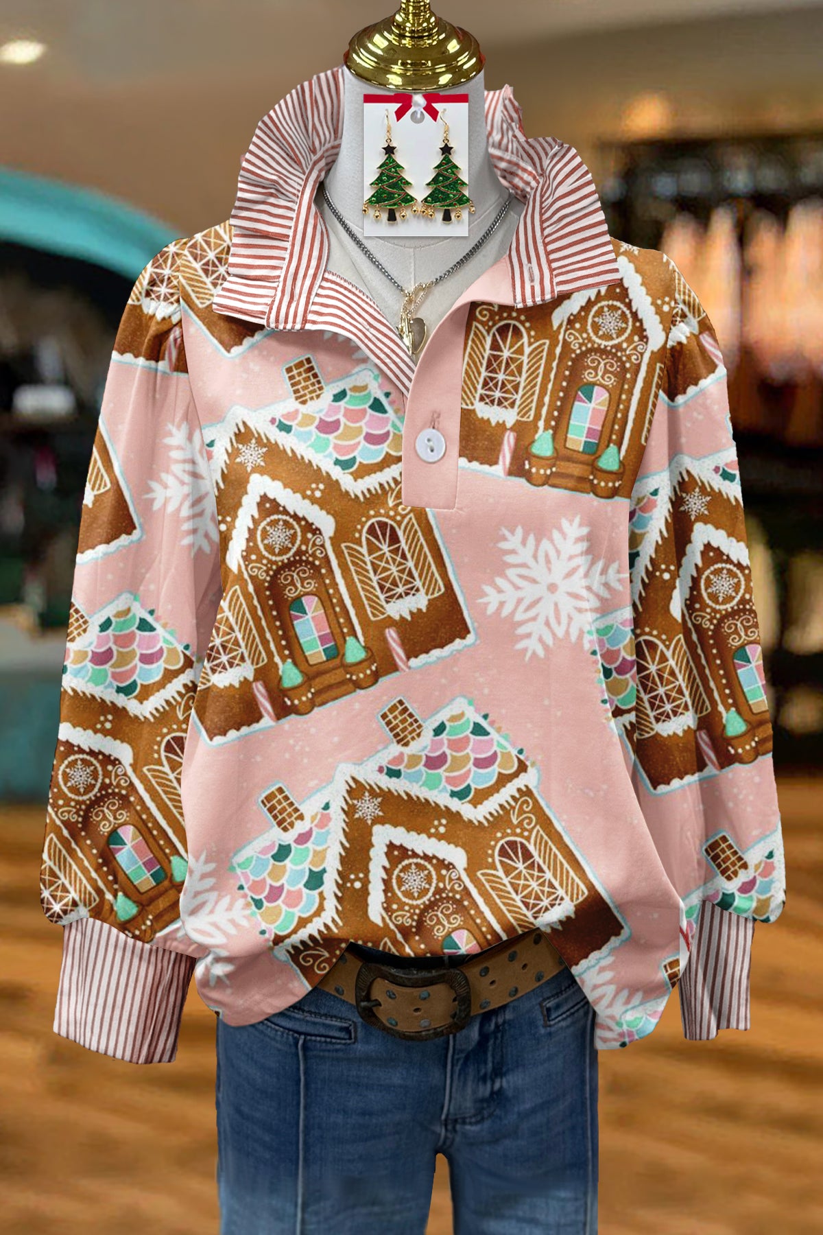 Sweet Christmas Gingerbread House Print Stand Collar Blouse