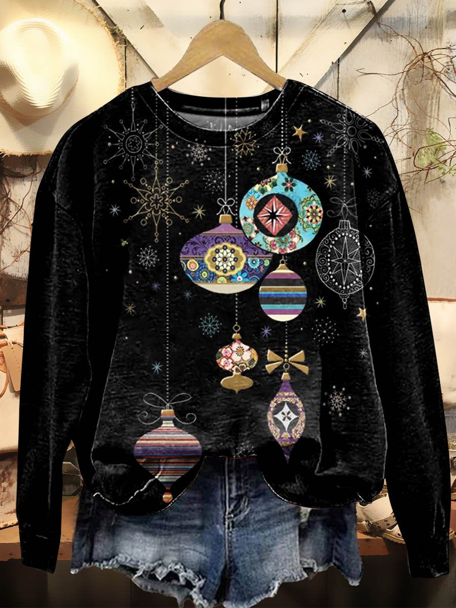 Women's Christmas Patterned Baubles Art Print Casual Crew Neck Sweatshirt