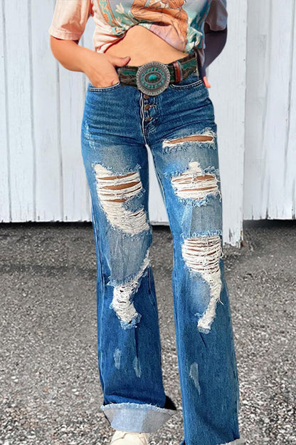 Vintage Wash Distressed Wide-Leg Jeans