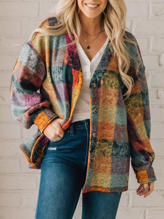 Women's Fleece Thermal Coat Western Multicolor Plaid Loose Jacket