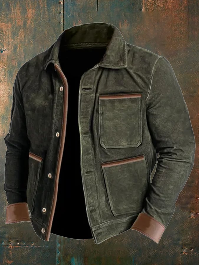 Men's Vintage Suede Leather Paneled Pocket Outdoor Jacket