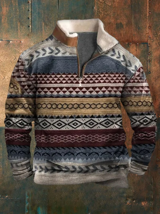 Men's Western Vintage Print Plush Stand Collar Zip Sweatshirt