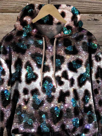 Elegant Leopard And Glitter Pattern Printed Casual Hoodie Sweatshirt