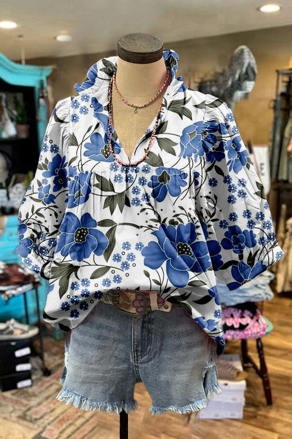 Sweet Floral Print Puff Sleeve Blouse