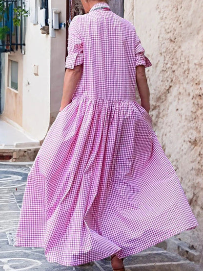 Plaid Button Lapel Collar A-Line Loose Casual Maxi Dress