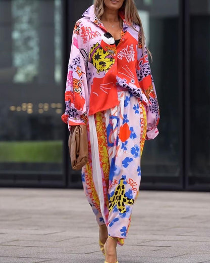 Women's Colorful Printed Suit Shirt Long Sleeve and Long Skirt Two-piece Set