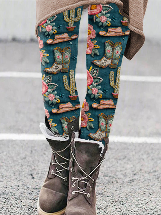 Vintage Western Embroidery Boots Art Printed Casual Leggings