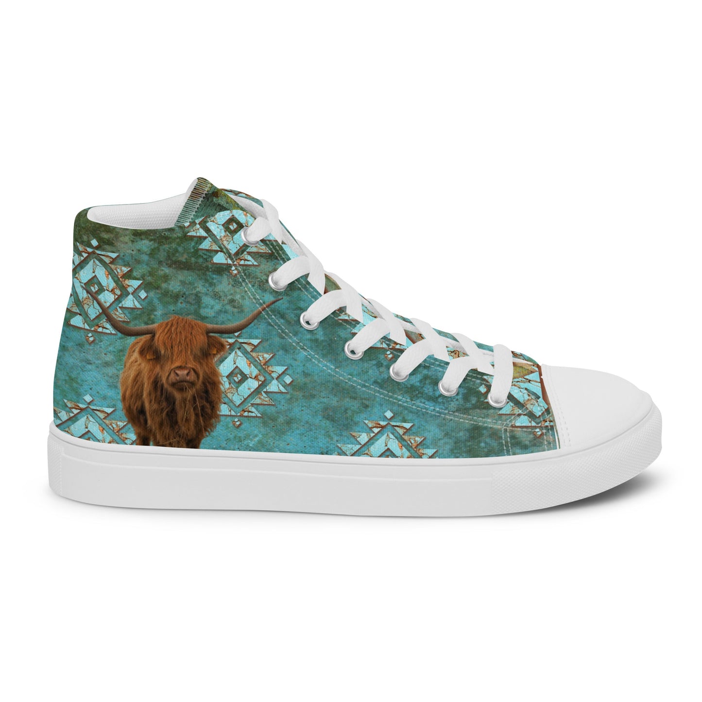 Turquoise Highland Cow Women__ high top canvas shoes