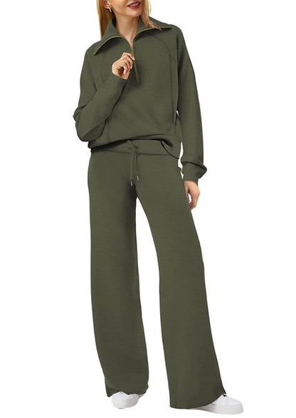 Women's casual sports suit zippered long-sleeved sweatshirt wide-leg pants two-piece set