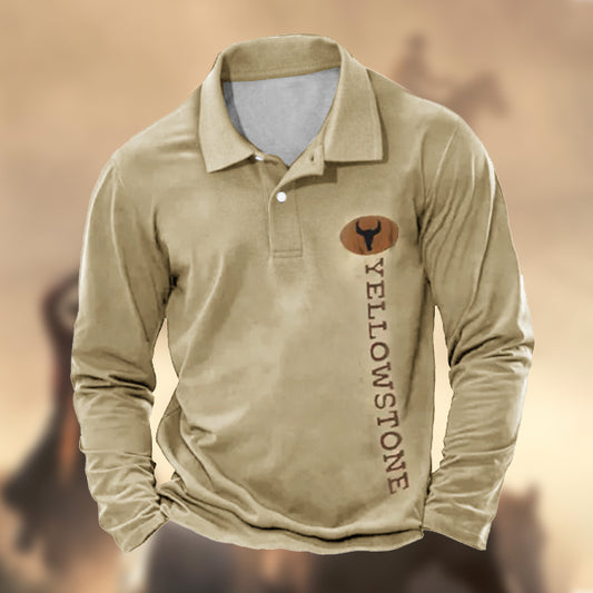 Men's Vintage Yellowstone Print Lapel Long Sleeve Polo Shirt