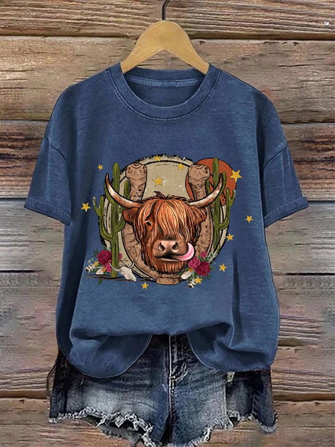 Women's Western Highland Cow Print Casual T-shirt