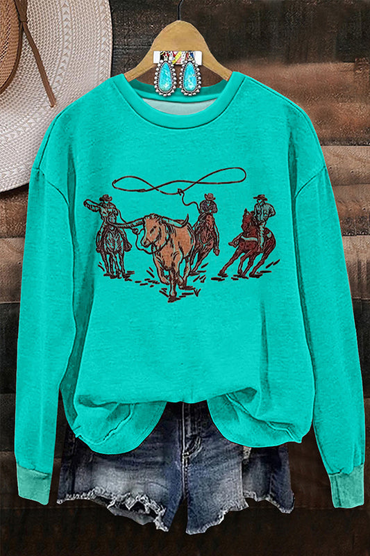 Retro Western Cowboy Print Long Sleeve Sweatshirt