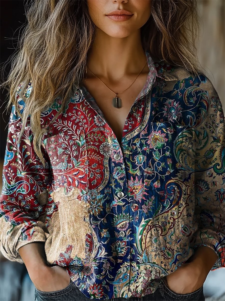 Women's Retro Ethnic Floral Pattern Print Casual Long Sleeve Comfortable Cotton Shirt