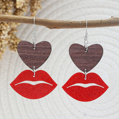 Valentine's Day Wooden Heart Lips Earrings