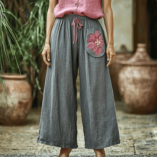 Women's Linen Ethnic Bohemian Floral Casual Simple Wide-leg Trousers