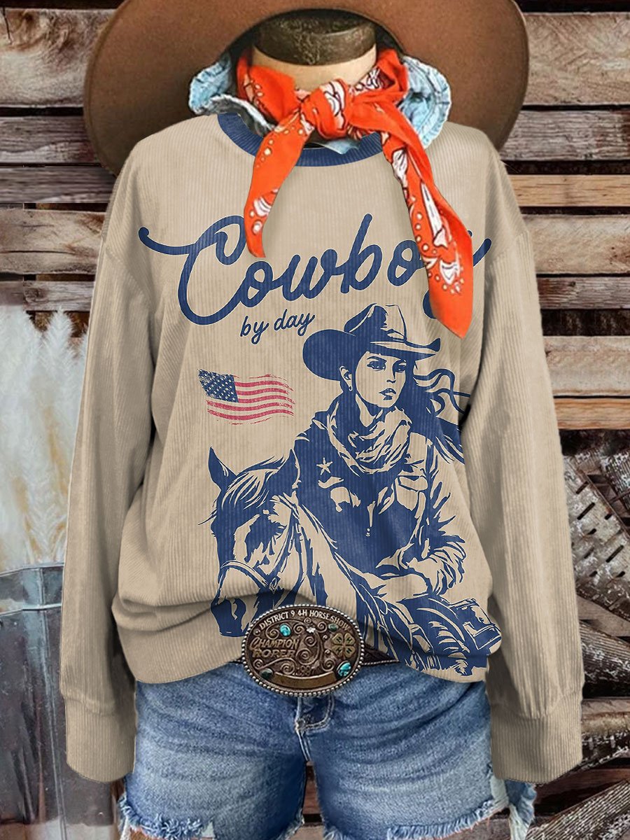 Women's Western Cowboy Art Casual Print Corduroy Sweatshirt