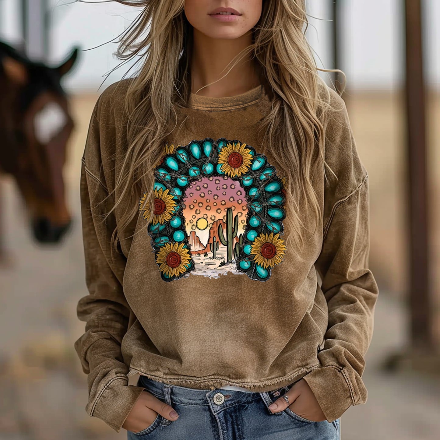 Women's Western Scenery Print Sweatshirt