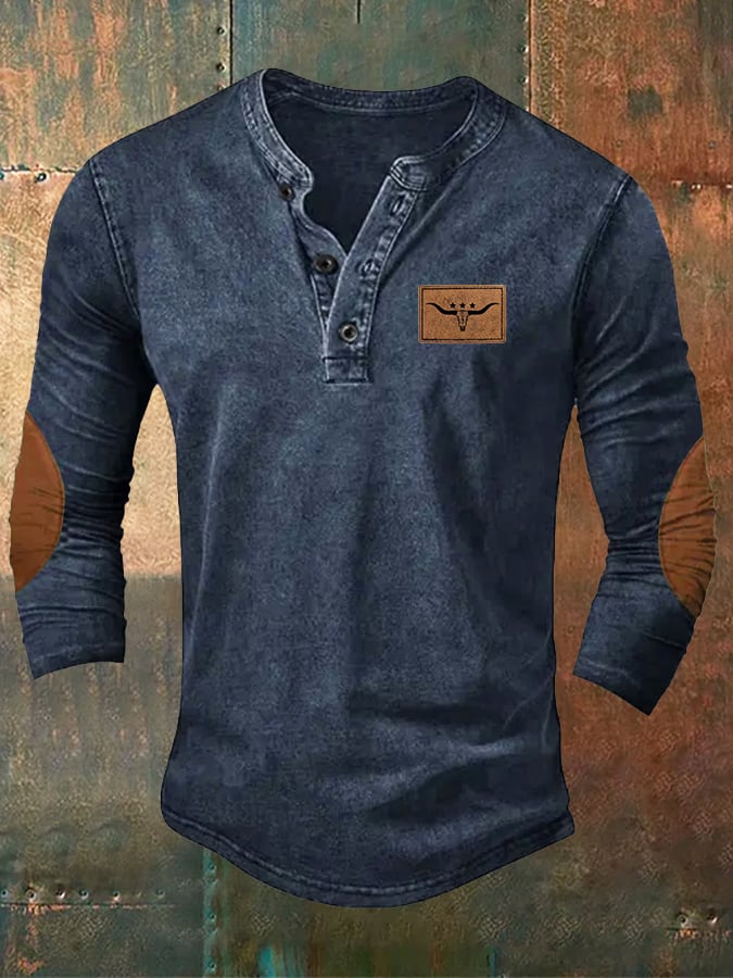 Men's Retro Western Bull Head Print Long Sleeve Top