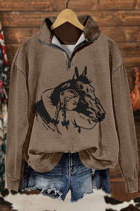 Retro Western Girl Horse Print Sweatshirt