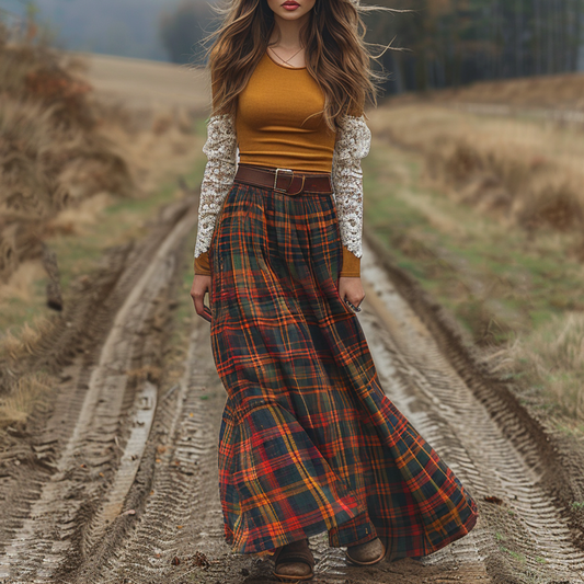 Women's Retro Round Neck Long Sleeve Long Skirt Plaid Pastoral Style Dress