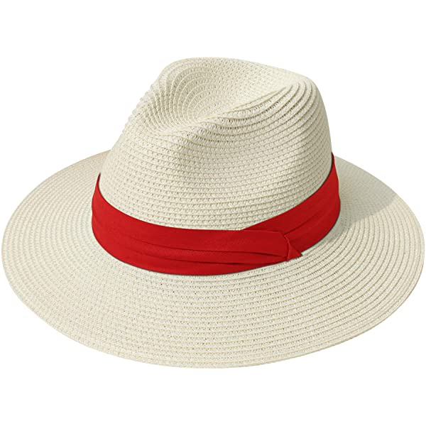 Wide Brim Straw Panama Roll up Hat Belt Buckle Fedora Beach Sun Hat