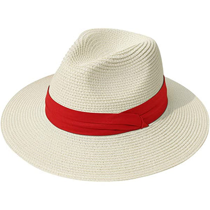 Wide Brim Straw Panama Roll up Hat Belt Buckle Fedora Beach Sun Hat