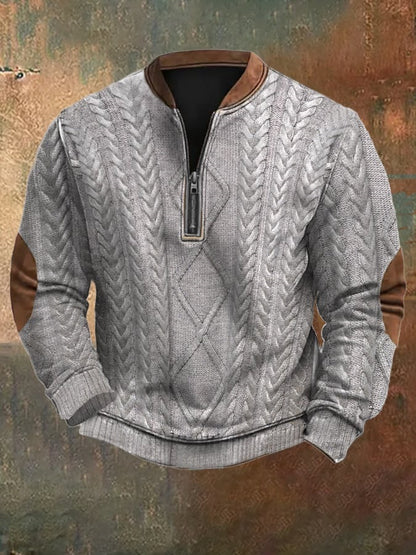 Men's Vintage Country Western Cashmere Wool Print Zipper Stand Collar Casual Sweatshirt