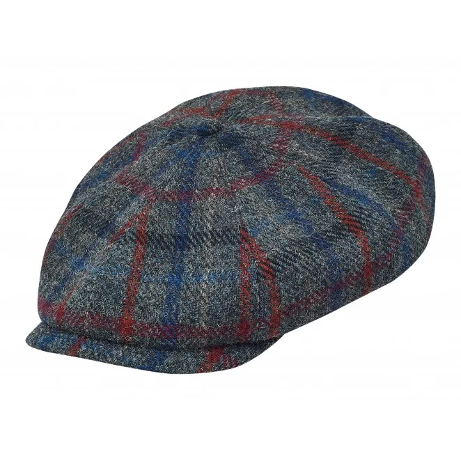 PEAKED CAPS SHELBY - HARRIS TWEED Genuine Scottish Harris Tweed 8 Panels Man Cap Grey-Blue-red