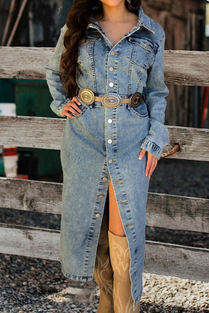 Retro Washed-Breasted Long Sleeve Denim Dress