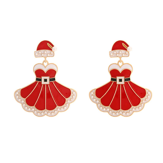 Christmas Hat Dress Pearl Earrings