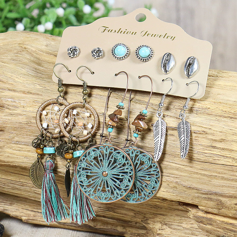 Women's Bohemian Long Tassel Leaf Feather Set Earrings