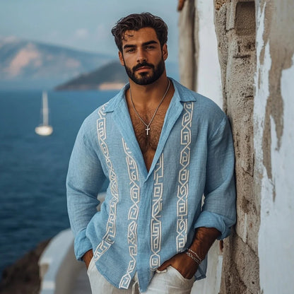 Men's Retro Greek Key Inspired Linen Blend Comfy Blouse