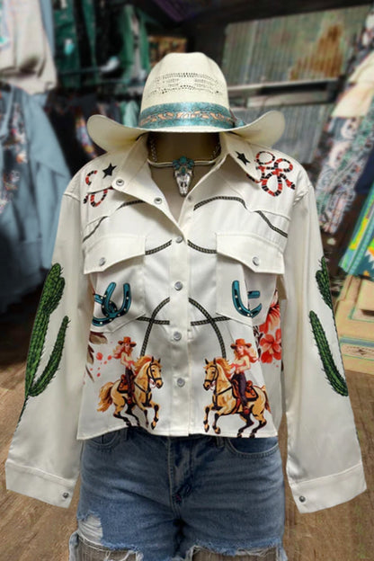 Western Cowgirl Print Button Down Shirt