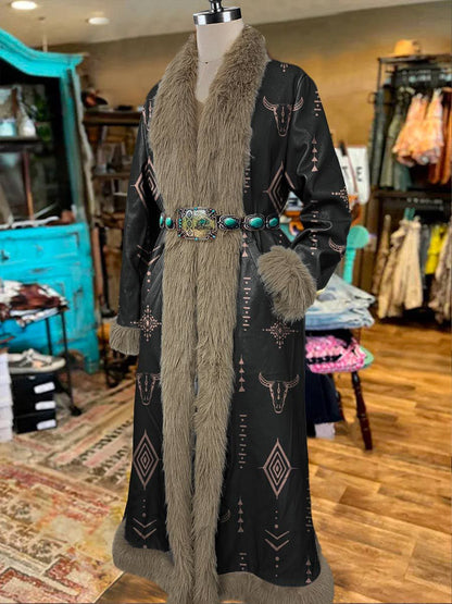 Women's Vintage  Printed Fur Patchwork Suede Long Afghan Coat