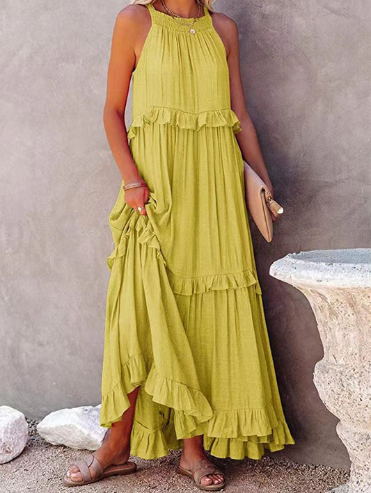 Casual Plain Ruffle Trim Smocking Sleeveless Maxi Dress