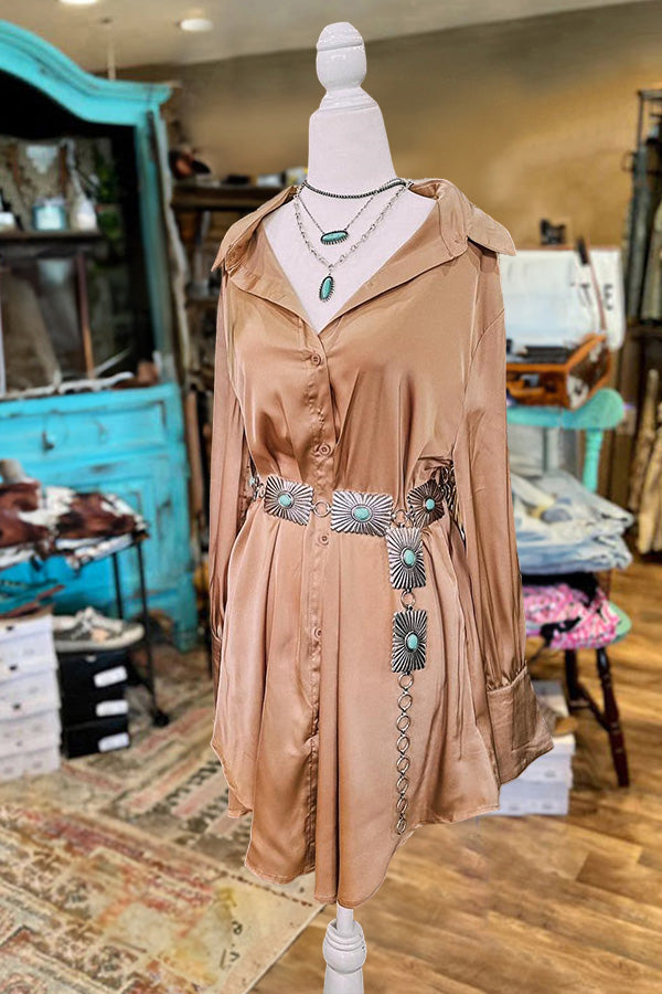 Pretty Long Sleeve Satin Shirt Dress