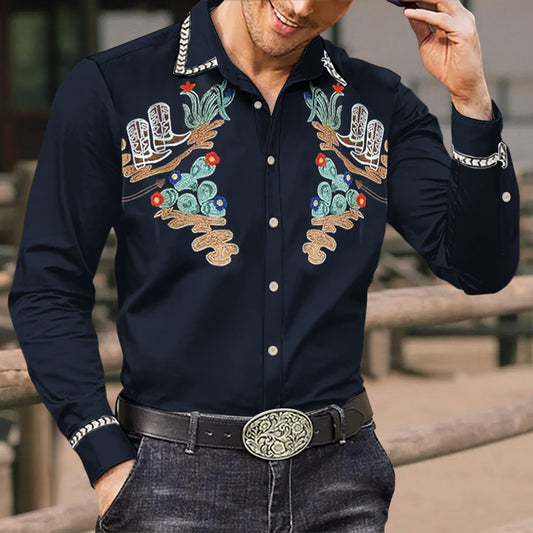 Men's Vintage Western Cowboy  Cowboy Boots Embroidered Print Long Sleeve Shirt