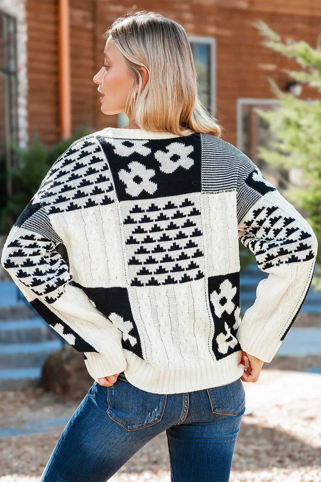 Floral Stitching Geometric Knit Sweater