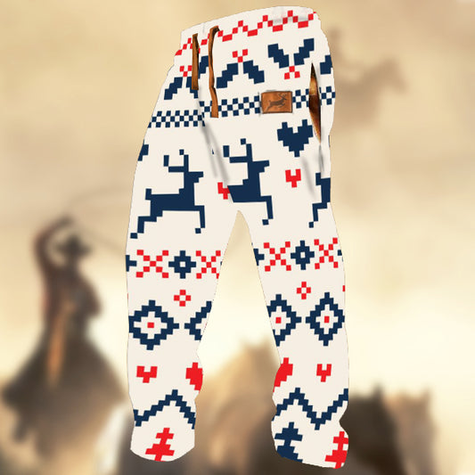 Men's Retro Country Western Christmas Elk Print Casual Sweatpants