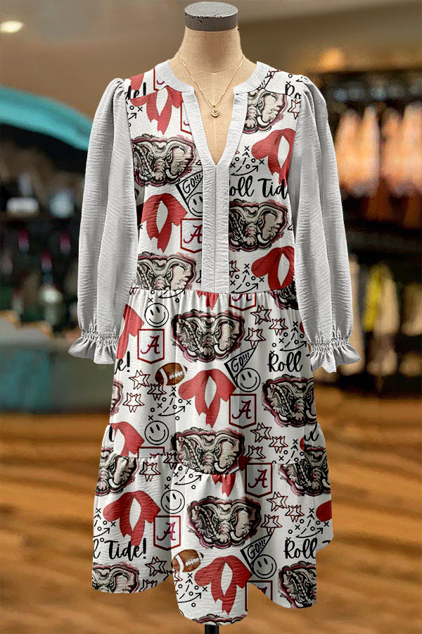 Alabama Gameday Football Print V-neck Puff Sleeve Dress