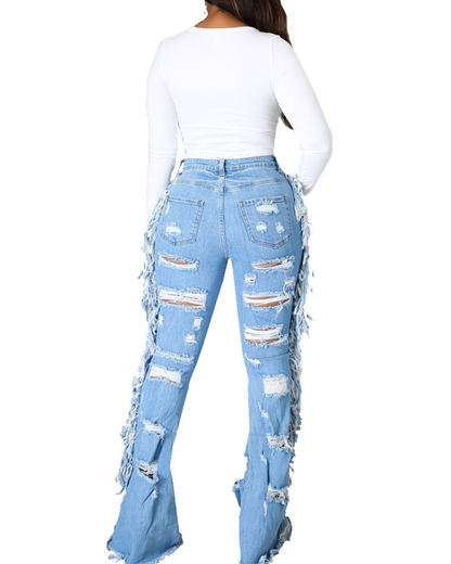 Tassels Ripped Holes Slim-Fit Flared Jeans